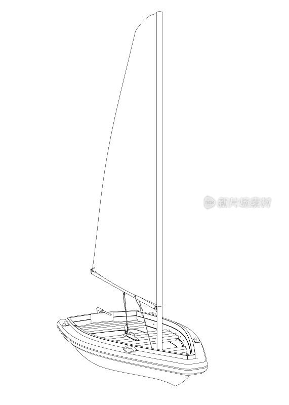一艘小船的轮廓与帆由孤立在白色背景上的黑线制成。前视图。3 d。矢量插图。